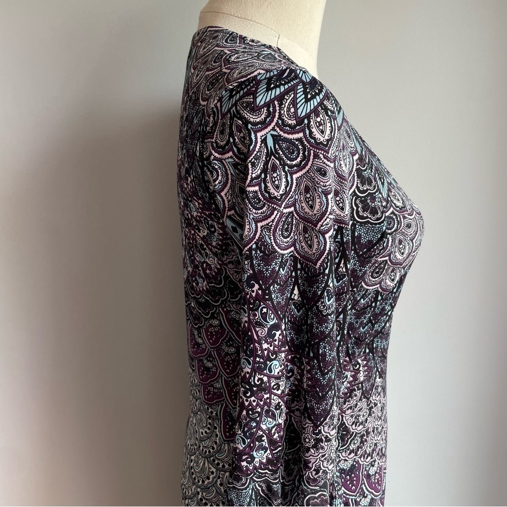 Cleo Paisley Bell Sleeve Dress Sz XS Feminine Peacock Below Knee Pretty Classy - Picture 8 of 15